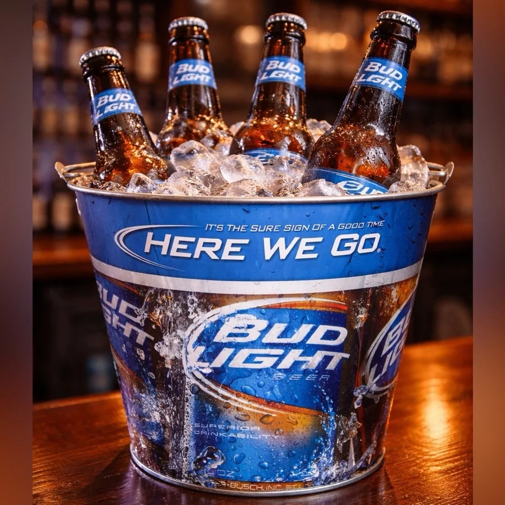 BUD LIGHT METAL ICE BUCKET Galvanized Metal Bucket with Top Handle in Blue/Tan